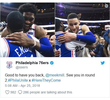 Twitter post by @sixers: Good to have you back, @meekmill. See you in round 2.#PhilaUnite x #HereTheyCome 