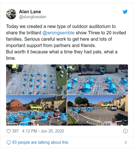 Twitter post by @slunglowalan: Today we created a new type of outdoor auditorium to share the brilliant @wrongsemble show Three to 20 invited families. Serious careful work to get here and lots of important support from partners and friends.But worth it because what a time they had pals, what a time. 
