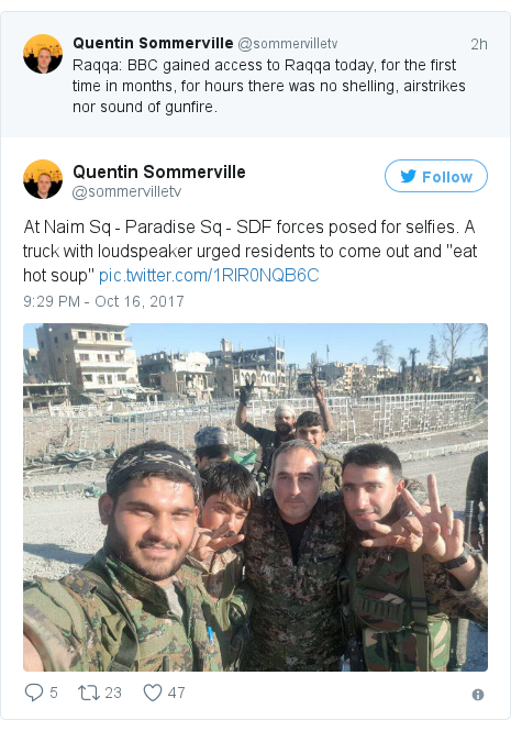 Twitter post by @sommervilletv: At Naim Sq - Paradise Sq - SDF forces posed for selfies. A truck with loudspeaker urged residents to come out and 