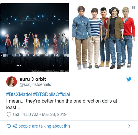 Twitter post by @soojinstoenails: #BtsXMattel #BTSDollsOfficialI mean... theyâre better than the one direction dolls at least... 