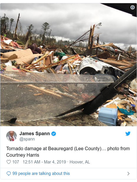 Twitter post by @spann: Tornado damage at Beauregard (Lee County)… photo from Courtney Harris 