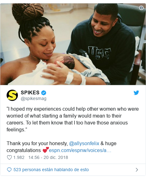 Publicación de Twitter por @spikesmag: “I hoped my experiences could help other women who were worried of what starting a family would mean to their careers. To let them know that I too have those anxious feelings.”Thank you for your honesty, @allysonfelix & huge congratulations 💕 