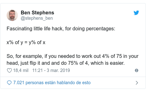 Publicación de Twitter por @stephens_ben: Fascinating little life hack, for doing percentages x% of y = y% of xSo, for example, if you needed to work out 4% of 75 in your head, just flip it and and do 75% of 4, which is easier.