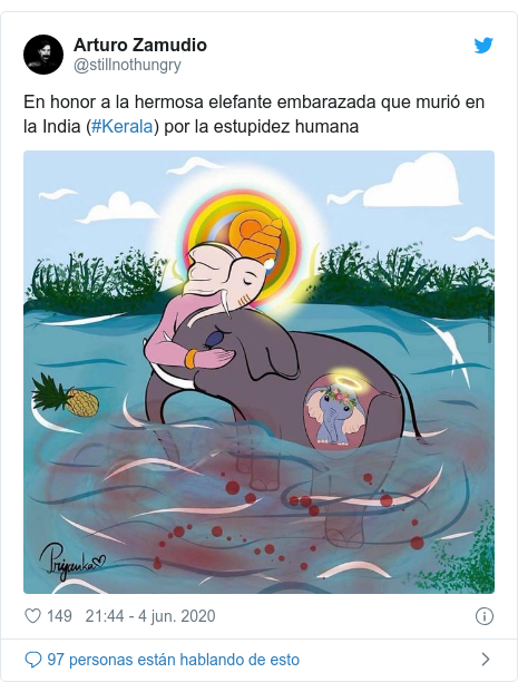 Publicación de Twitter por @stillnothungry: En honor a la hermosa elefante embarazada que murió en la India (#Kerala) por la estupidez humana 