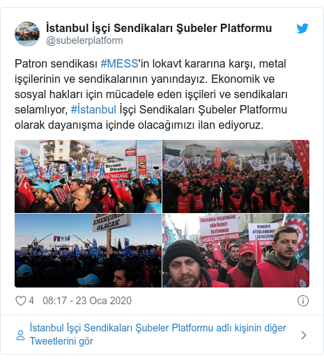 @subelerplatform tarafından yapılan Twitter paylaşımı: Patron sendikası #MESS'in lokavt kararına karşı, metal işçilerinin ve sendikalarının yanındayız. Ekonomik ve sosyal hakları için mücadele eden işçileri ve sendikaları selamlıyor, #İstanbul İşçi Sendikaları Şubeler Platformu olarak dayanışma içinde olacağımızı ilan ediyoruz. 