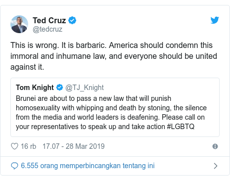 Twitter pesan oleh @tedcruz: This is wrong. It is barbaric. America should condemn this immoral and inhumane law, and everyone should be united against it. 
