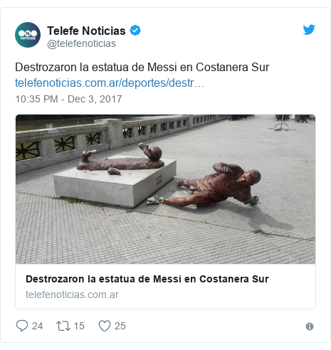 Twitter post by @telefenoticias: Destrozaron la estatua de Messi en Costanera Sur 