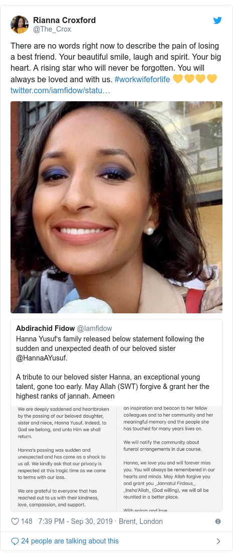 Twitter post by @The_Crox: There are no words right now to describe the pain of losing a best friend. Your beautiful smile, laugh and spirit. Your big heart. A rising star who will never be forgotten. You will always be loved and with us. #workwifeforlife 💛💛💛💛  