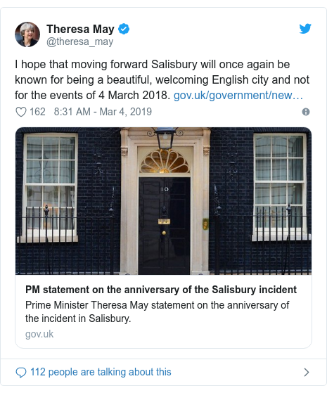 Twitter post by @theresa_may: I hope that moving forward Salisbury will once again be known for being a beautiful, welcoming English city and not for the events of 4 March 2018. 