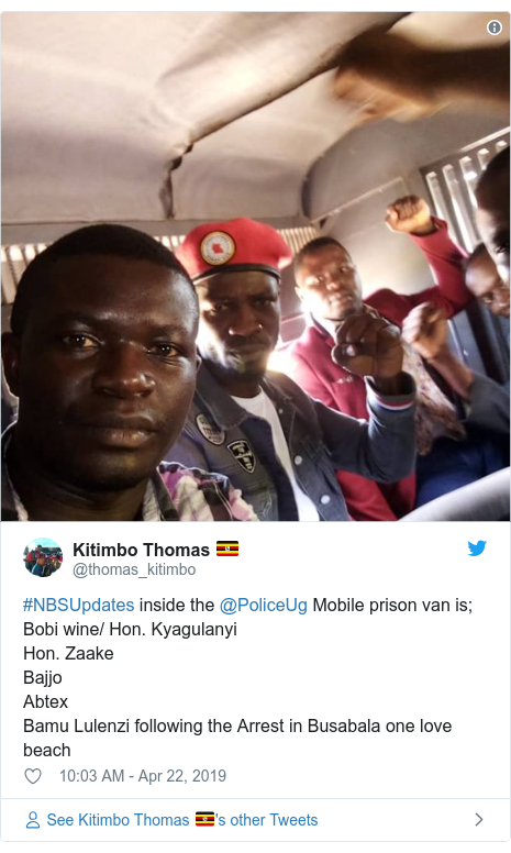 Ujumbe wa Twitter wa @thomas_kitimbo: #NBSUpdates inside the @PoliceUg Mobile prison van is;Bobi wine/ Hon. Kyagulanyi Hon. ZaakeBajjoAbtexBamu Lulenzi following the Arrest in Busabala one love beach 