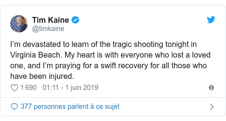 Twitter post by @timkaine: I’m devastated to learn of the tragic shooting tonight in Virginia Beach. My heart is with everyone who lost a loved one, and I’m praying for a swift recovery for all those who have been injured.