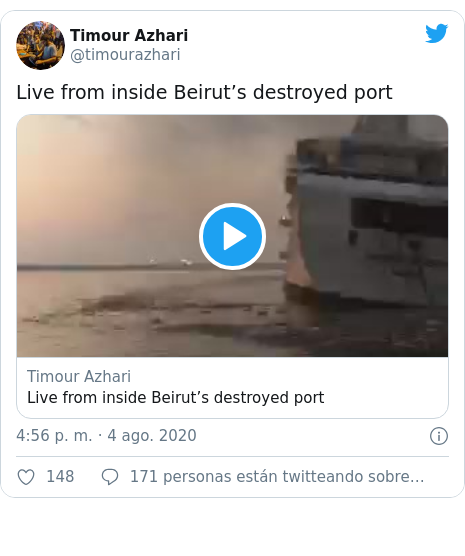 Publicación de Twitter por @timourazhari: Live from inside Beirut’s destroyed port 