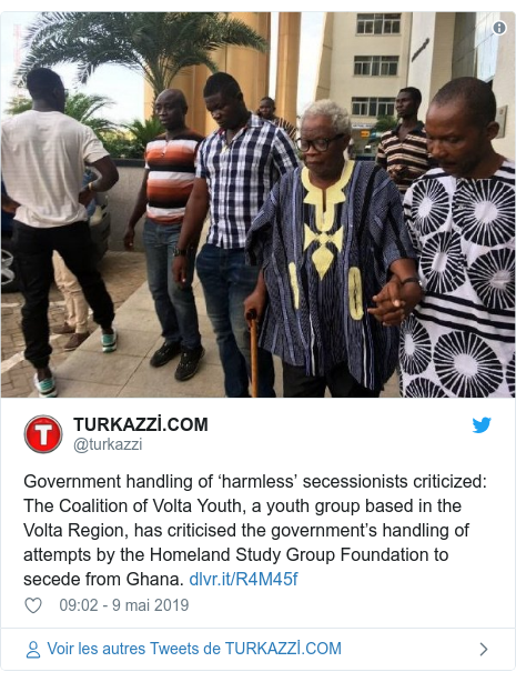 Twitter publication par @turkazzi: Government handling of ‘harmless’ secessionists criticized  The Coalition of Volta Youth, a youth group based in the Volta Region, has criticised the government’s handling of attempts by the Homeland Study Group Foundation to secede from Ghana.  
