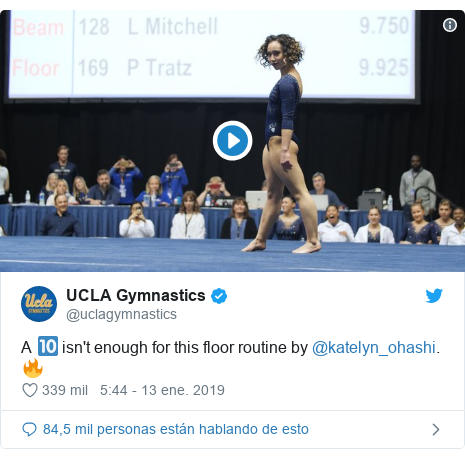 Publicación de Twitter por @uclagymnastics: A 🔟 isn't enough for this floor routine by @katelyn_ohashi. 🔥 