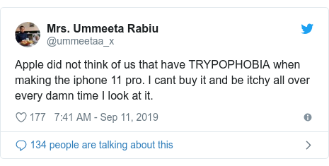 Twitter හි @ummeetaa_x කළ පළකිරීම: Apple did not think of us that have TRYPOPHOBIA when making the iphone 11 pro. I cant buy it and be itchy all over every damn time I look at it.