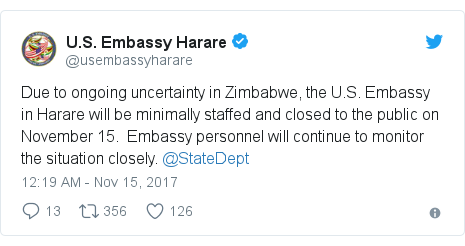 Twitter post by @usembassyharare: Due to ongoing uncertainty in Zimbabwe, the U.S. Embassy in Harare will be minimally staffed and closed to the public on November 15.  Embassy personnel will continue to monitor the situation closely. @StateDept