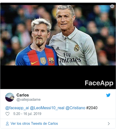 Publicación de Twitter por @vallejoadame: @faceapp_ai @LeoMessi10_real @Cristiano #2040 