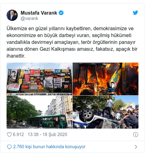 @varank tarafından yapılan Twitter paylaşımı: Ülkemize en güzel yıllarını kaybettiren, demokrasimize ve ekonomimize en büyük darbeyi vuran, seçilmiş hükümeti vandallıkla devirmeyi amaçlayan, terör örgütlerinin panayır alanına dönen Gezi Kalkışması amasız, fakatsız, apaçık bir ihanettir. 