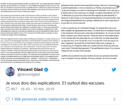 Publicación de Twitter por @vincentglad: Je vous dois des explications. Et surtout des excuses. 