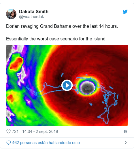 Publicación de Twitter por @weatherdak: Dorian ravaging Grand Bahama over the last 14 hours. Essentially the worst case scenario for the island. 