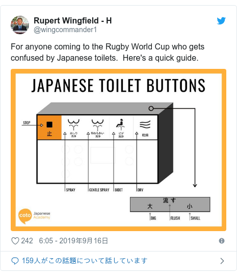 Twitter post by @wingcommander1: For anyone coming to the Rugby World Cup who gets confused by Japanese toilets.  Here's a quick guide. 