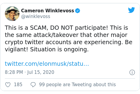 Message Twitter De @Winklevoss: Ceci Est Une Arnaque, Ne Participez Pas! C'Est La Même Attaque / Prise De Contrôle Que Les Autres Grands Comptes Twitter Crypto Connaissent. Soyez Vigilant! La Situation Est En Cours.