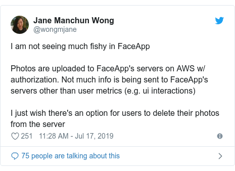 Twitter post by @wongmjane: I am not seeing much fishy in FaceAppPhotos are uploaded to FaceApp's servers on AWS w/ authorization. Not much info is being sent to FaceApp's servers other than user metrics (e.g. ui interactions)I just wish there's an option for users to delete their photos from the server