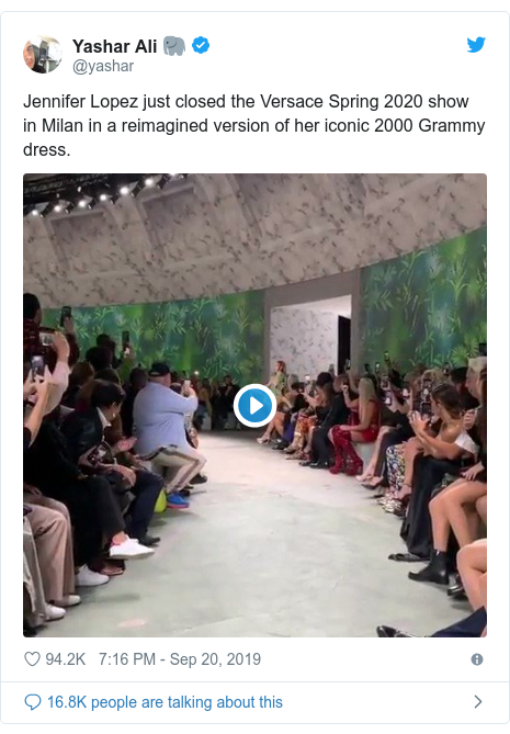 Twitter post by @yashar: Jennifer Lopez just closed the Versace Spring 2020 show in Milan in a reimagined version of her iconic 2000 Grammy dress. 
