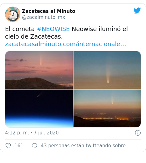 Publicación de Twitter por @zacalminuto_mx: El cometa #NEOWISE Neowise iluminó el cielo de Zacatecas.  