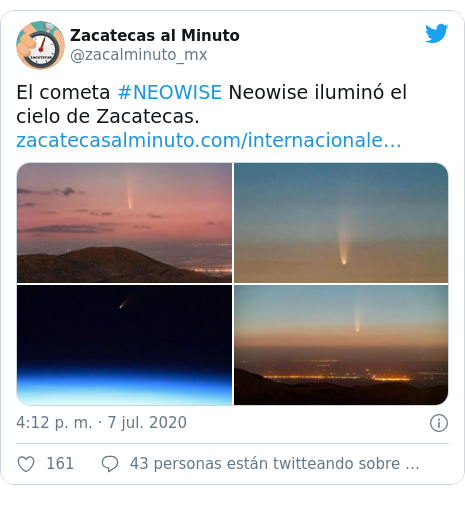 Publicación de Twitter por @zacalminuto_mx: El cometa #NEOWISE Neowise iluminó el cielo de Zacatecas. 