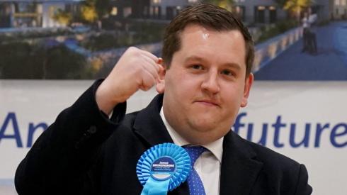 Conservative candidate Louie French celebrates victory with a fist punch in the Old Bexley and Sidcup by-election