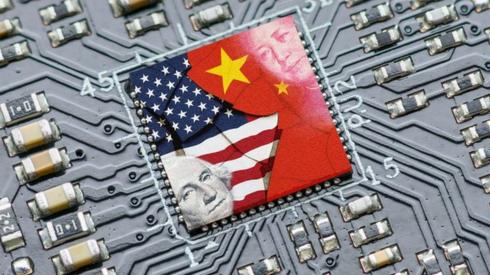 Flag of USA and China on a processor, CPU or GPU microchip on a motherboard.