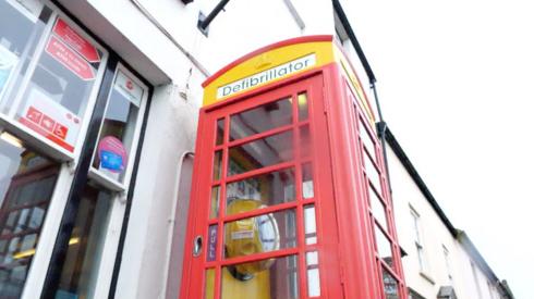 A phone box used to house a defibrillator on Caerleon's high street