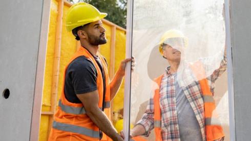 Builders fitting a window