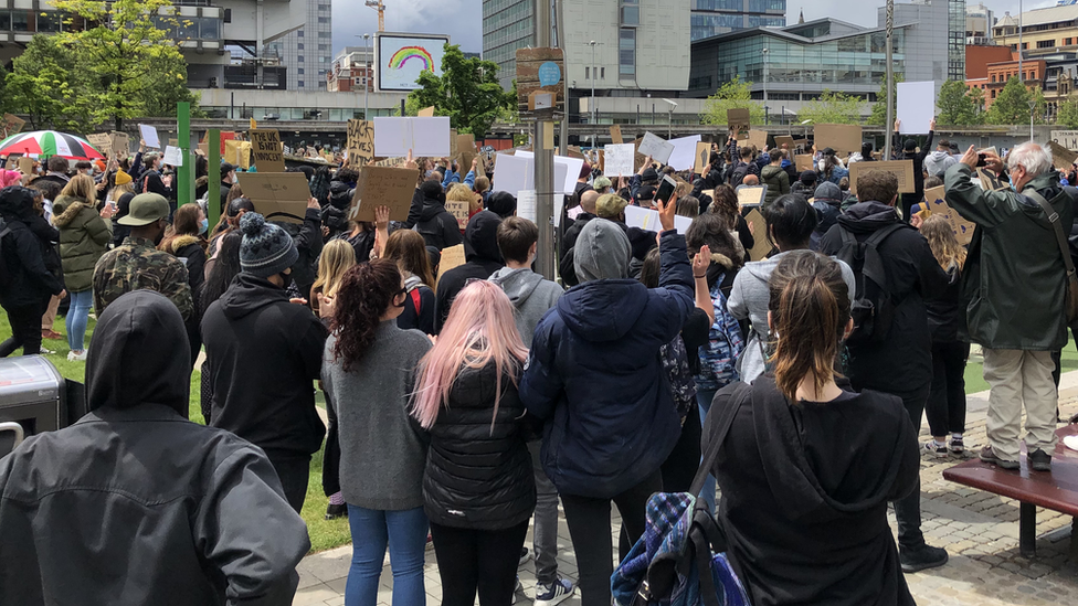 Hundreds of anti-racism protestors in Piccadilly Gardens