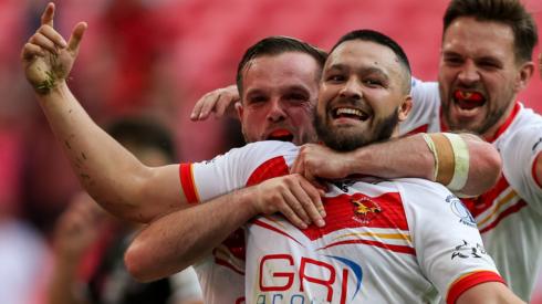Sheffield Eagles' Corey Makelim celebrates scoring a try during the 1895 Cup Final at Wembley