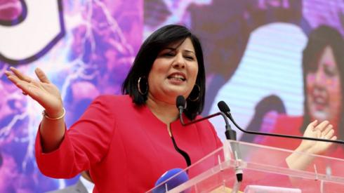 Abir Moussi gives a speech in Tunisia in March 2021.
