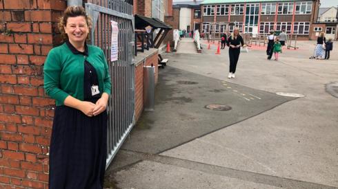 Headteacher Geraldine Foley outside the school