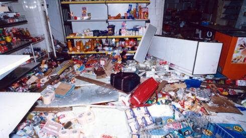 Scene in the general store on Avon Avenue after the Meadow Well riots, 11 September 1991