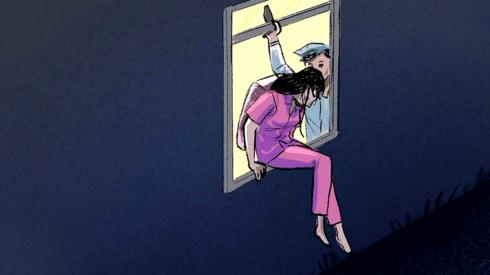 Prisoner and guard escaping through a window