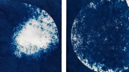 A cyanotype image by Marina Vitaglione showing an air pollution sample from Loampit Vale, Lewisham, South East London, and Drury Way, Wembley, North West London