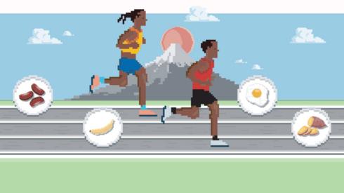 Caricature of Marathon World record holders Eliud Kipchoge and Brigid Kosgei, and some of the food in their diet.