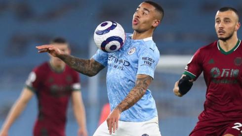 Gabriel Jesus of Manchester City during the Premier League match between Manchester City and Wolverhampton Wanderers at Etihad Stadium on March 2, 2021 in Manchester, United Kingdom.