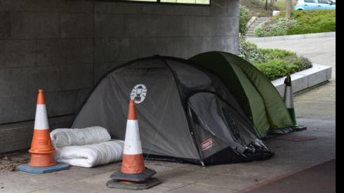 Homeless people sleeping in tents in an underpass in Milton Keynes in March 2020