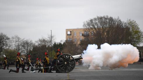 The Death Gun Salute is fired by The Kings Troop Royal Horse Artillery to mark the passing of Britain's Prince Philip, Duke of Edinburgh, at the Parade Ground, Woolwich Barracks in central London on April 10, 2021