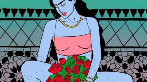 A drawing of a woman holding roses