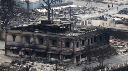 Views from the air of the community of Lahaina after wildfires driven by high winds burned across most of the town several days ago, in Lahaina, Maui, Hawaii, US, on 10 August 2023
