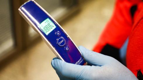 A thermometer used by health personnel to monitor body temperature of passengers who arrived in a flight from Milano, Italy to Krakow Airport in Balice, Poland on February 26, 2020