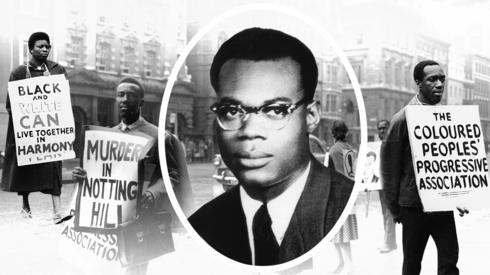 Composite image showing Kelso Cochane portrait inset against a background of 1960s-era protesters against racism