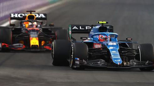 Esteban Ocon of Alpine A521 Renault leading Max Verstappen of Red Bull Racing RB16B Honda during practice before the F1 Grand Prix of Saudi Arabia in 2021